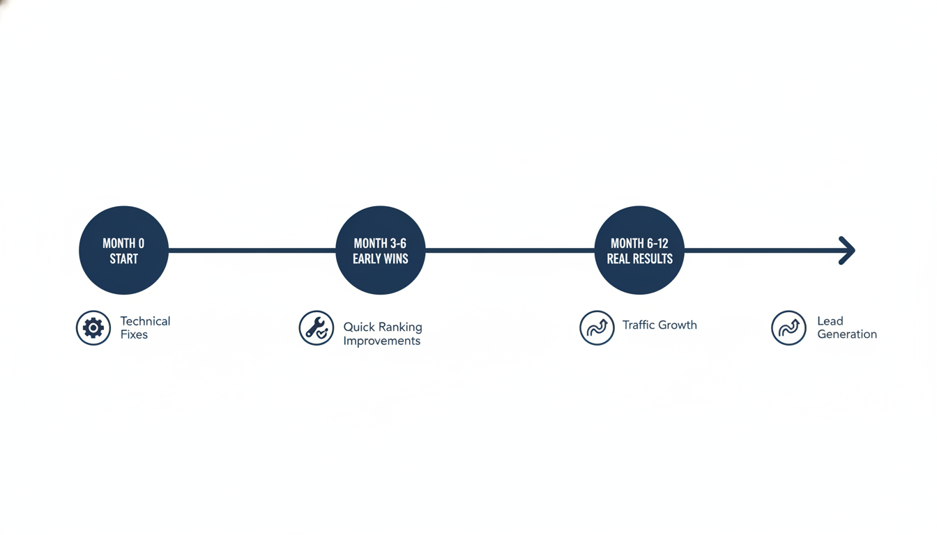 SEO campaign timeline from month 0 to 12 showing early wins and real results progression, San Francisco