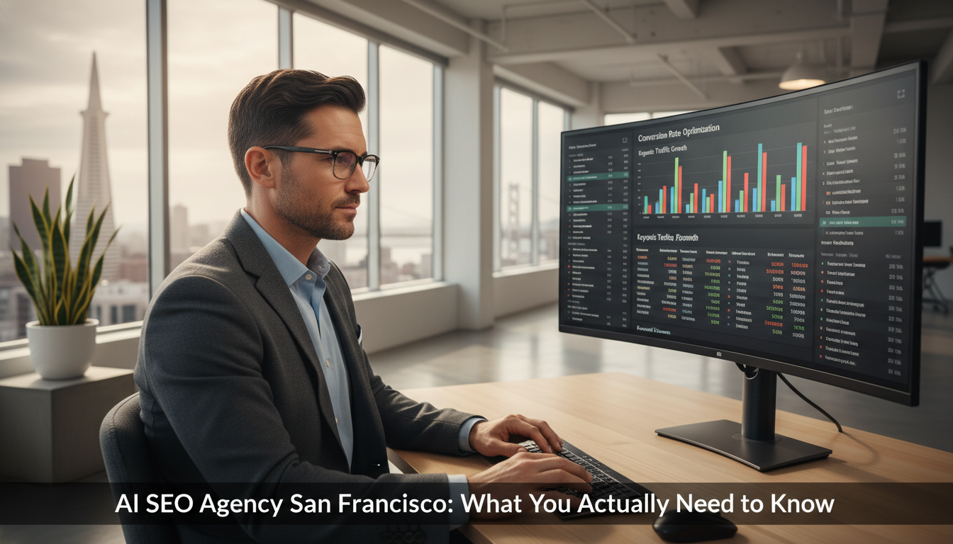 Professional SEO consultant analyzing analytics dashboard in modern San Francisco tech office, AI SEO services, San Francisco CA