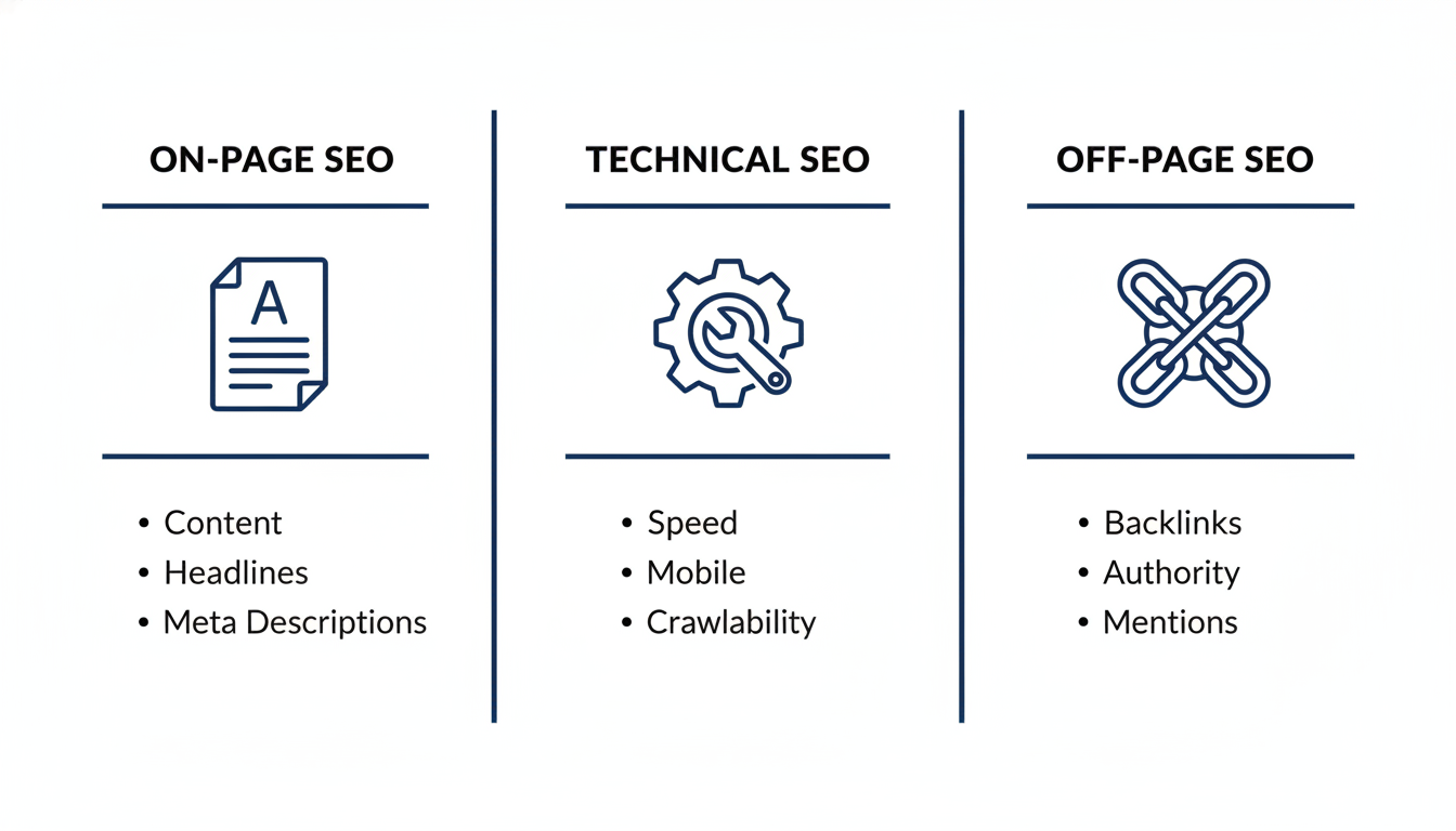 Three pillars of SEO infographic: On-Page, Technical, and Off-Page optimization explained, SEO strategy San Francisco