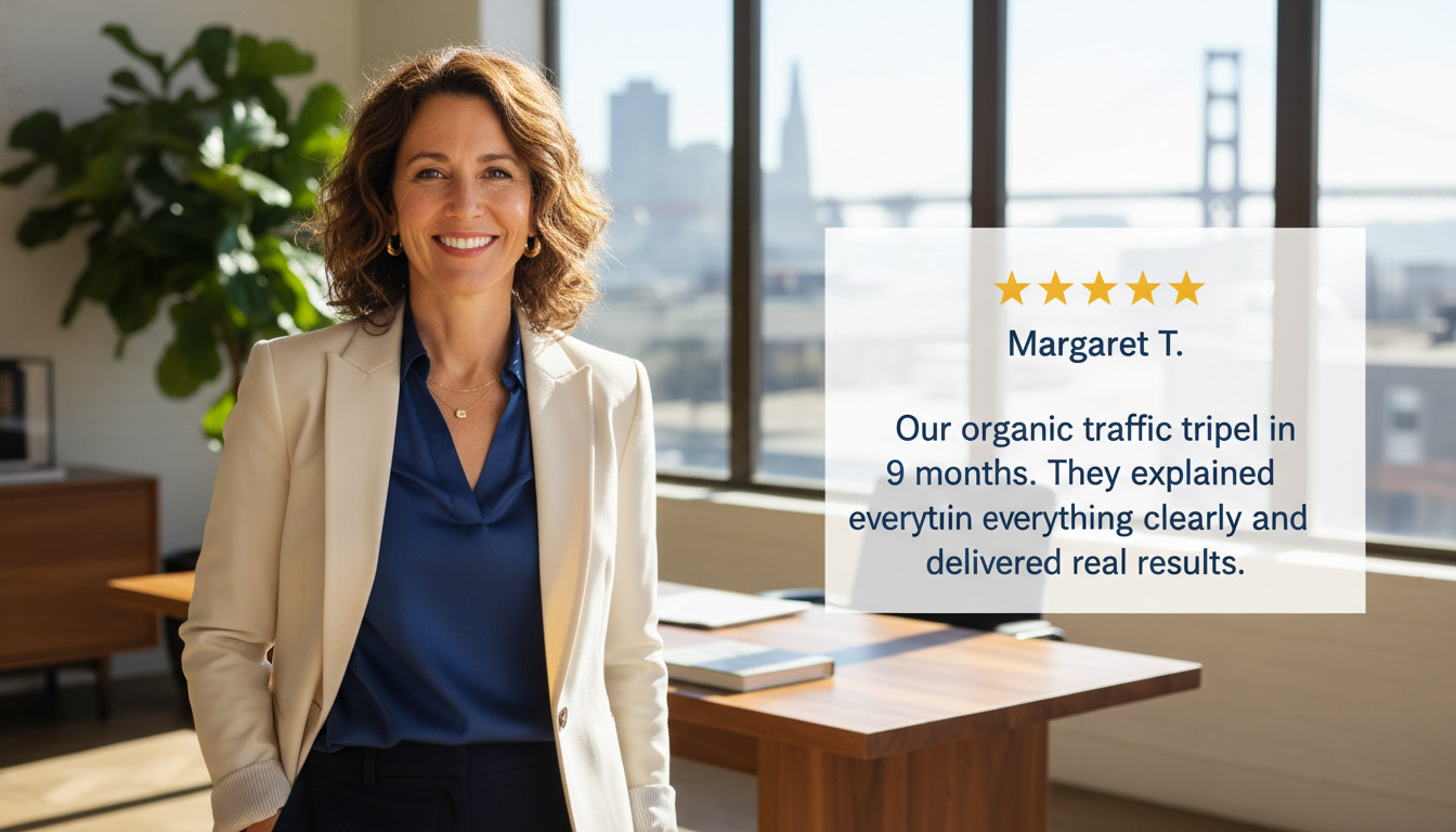 Satisfied business owner client testimonial with 5-star review about SEO results, San Francisco California