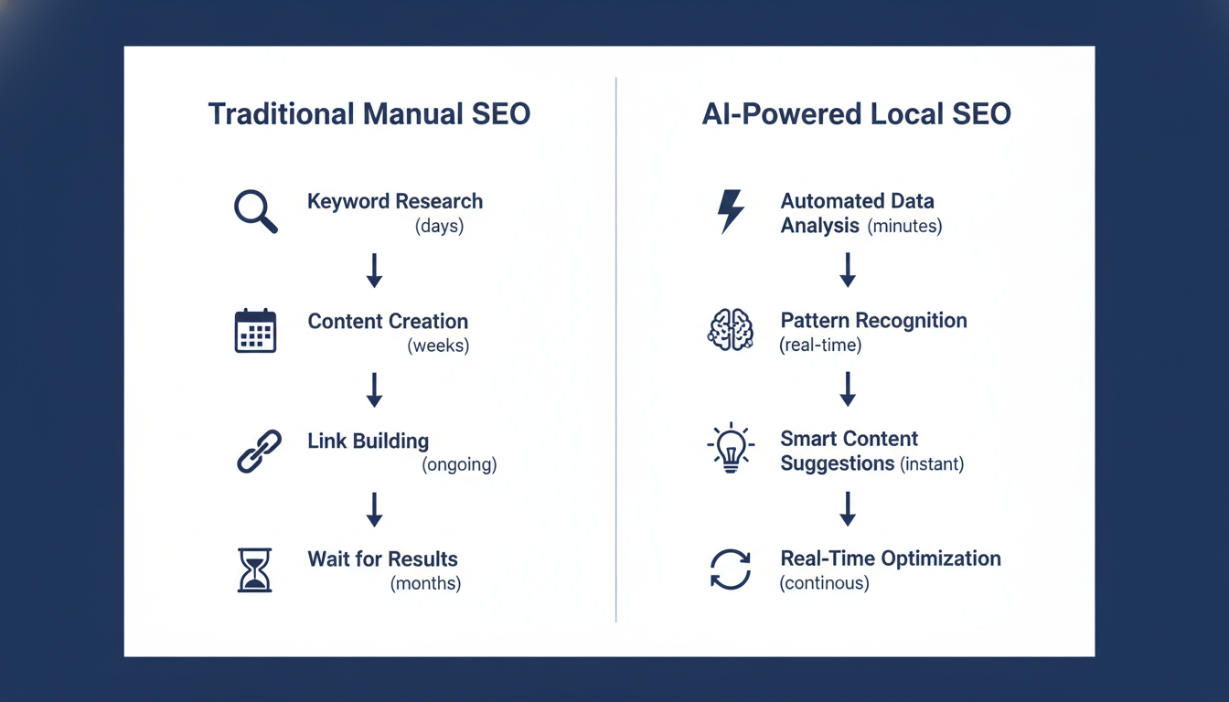 Traditional vs AI-powered local SEO comparison workflow infographic, Denver, PA