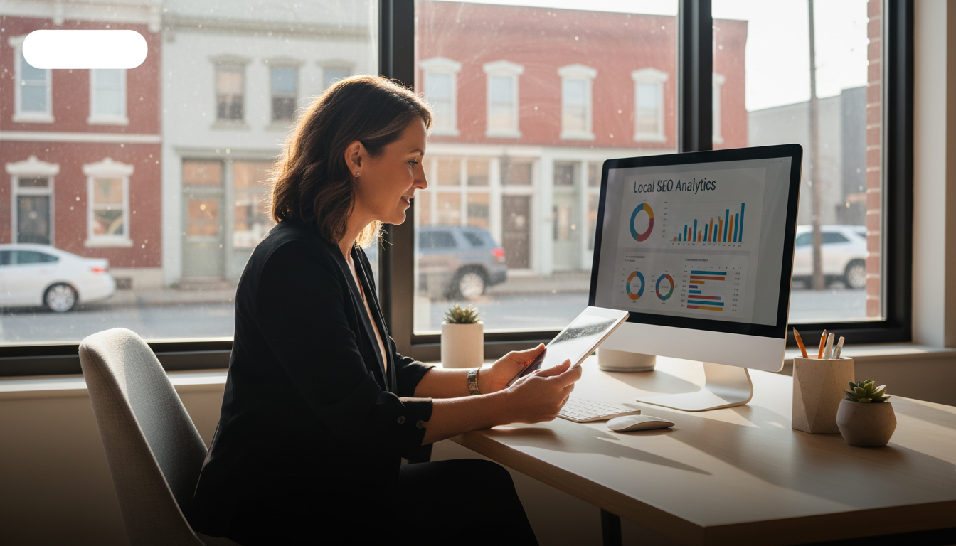 Business owner reviewing local SEO analytics on desktop in bright modern office, Denver, PA