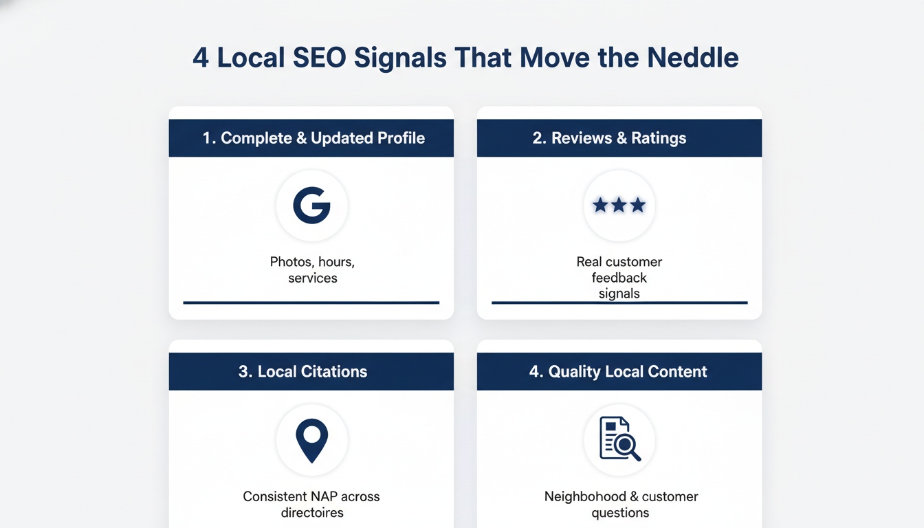 Four key local SEO signals: Google Business Profile, reviews, citations, content, Denver PA