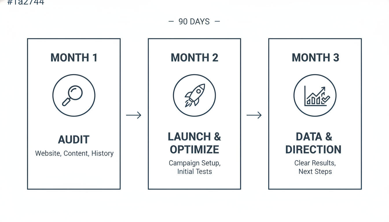 90-day marketing timeline showing Month 1 Audit, Month 2 Launch, Month 3 Results progression