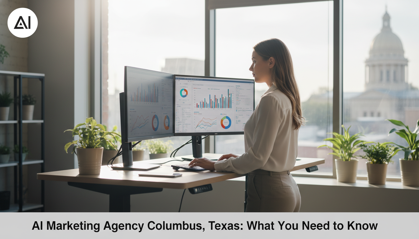 Female marketing strategist at desk with dual monitors displaying analytics dashboards in bright modern office, Columbus Texas AI marketing