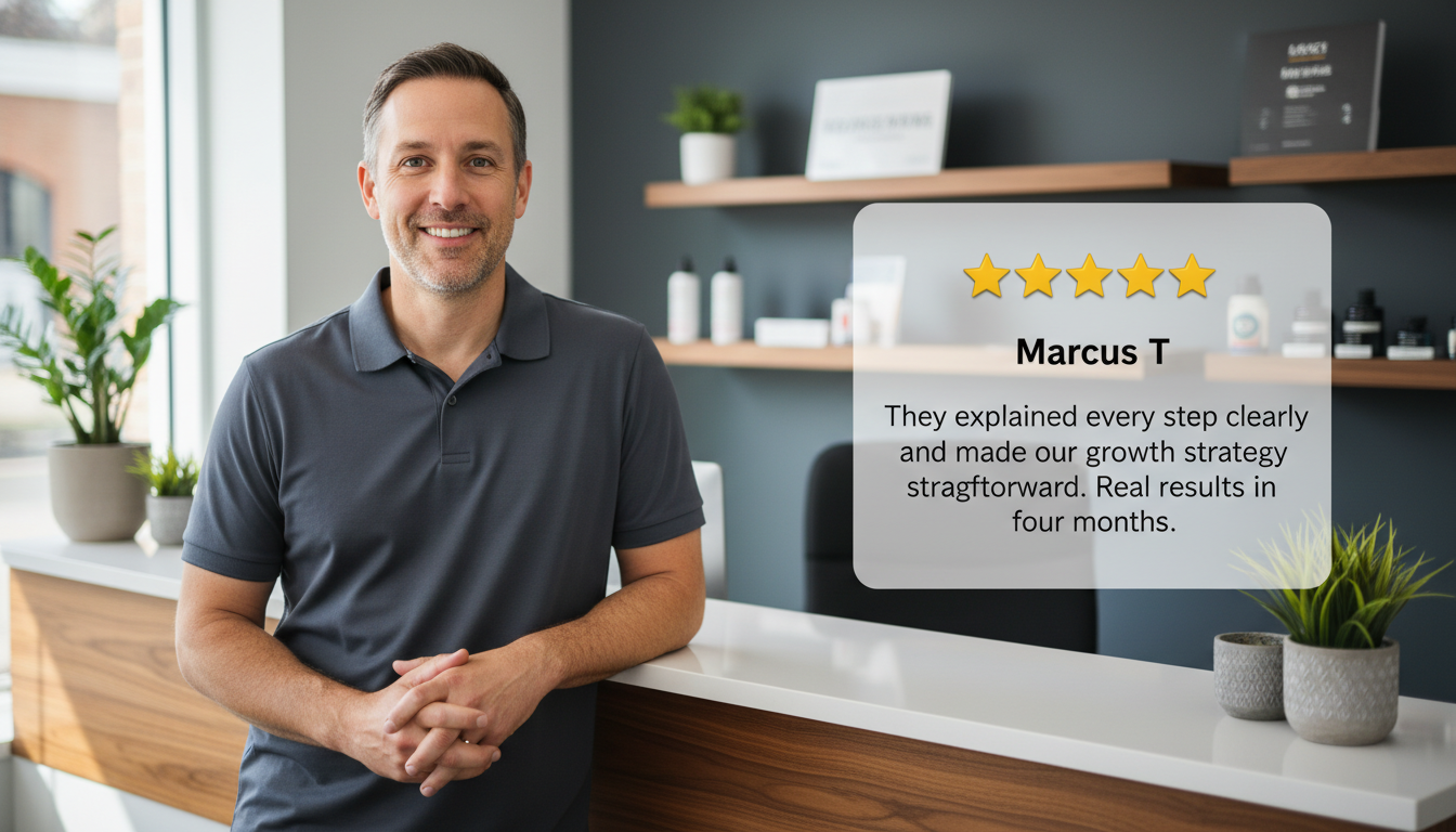Male business owner in office smiling with 5-star review overlay, Marcus T. testimonial about marketing results, Columbus Texas