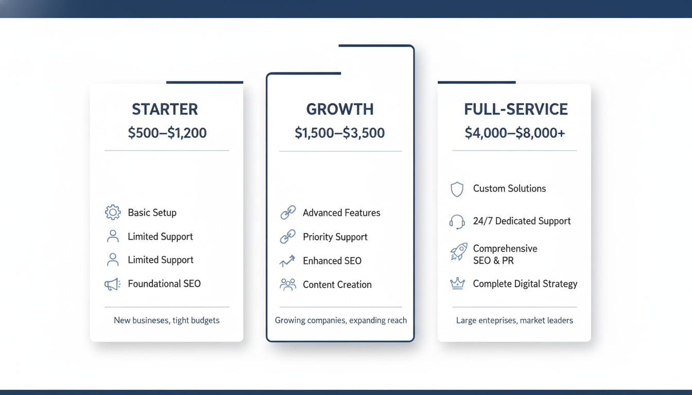 Marketing pricing tiers comparison: Starter, Growth, and Full-Service packages with features and costs