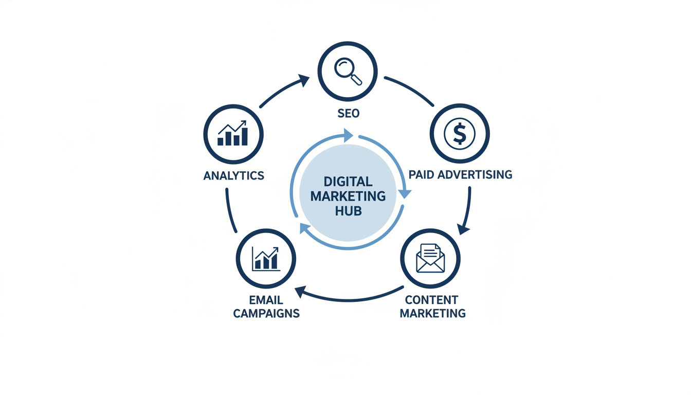Marketing channels diagram showing SEO, Paid Ads, Content, Email and Analytics interconnected elements