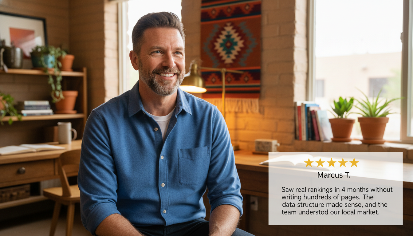 Business owner testimonial with 5-star review: real rankings achieved in 4 months with programmatic SEO in El Paso, TX
