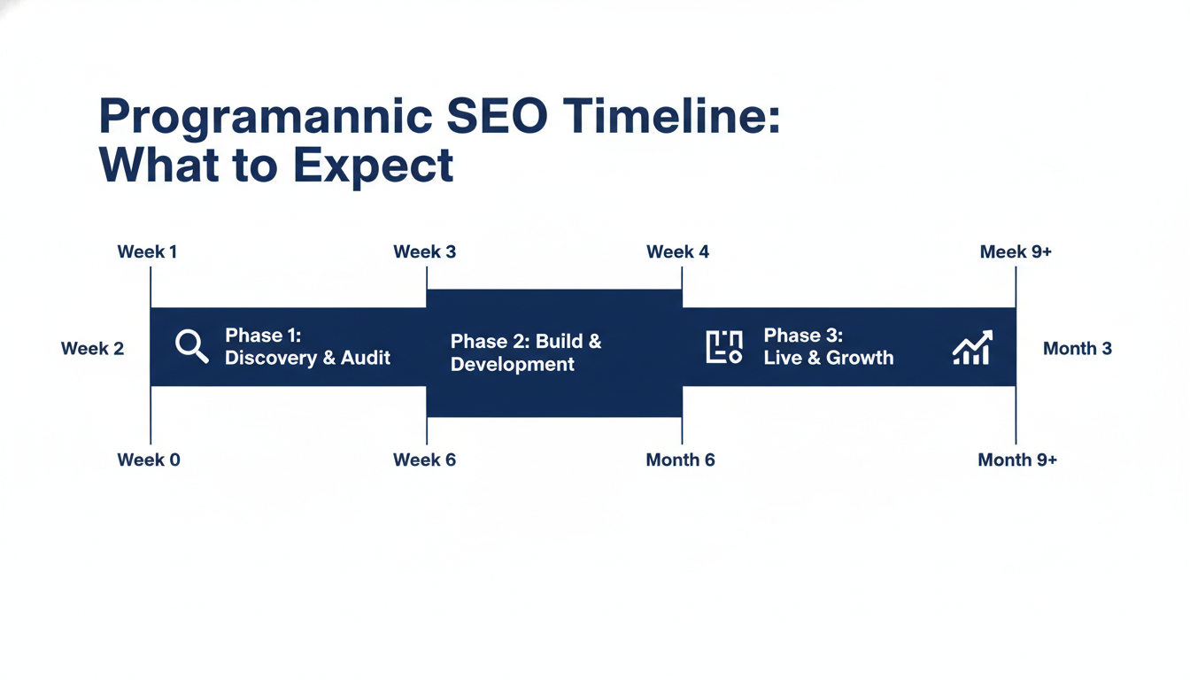 Programmatic SEO timeline showing discovery, build, and growth phases from weeks 2-4 through months 3-9