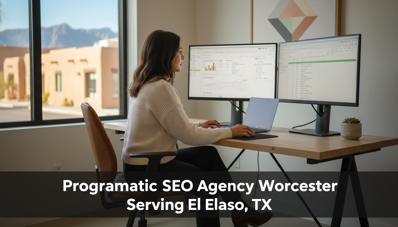 SEO specialist working at modern office desk with dual monitors showing analytics dashboards, El Paso, TX programmatic SEO service