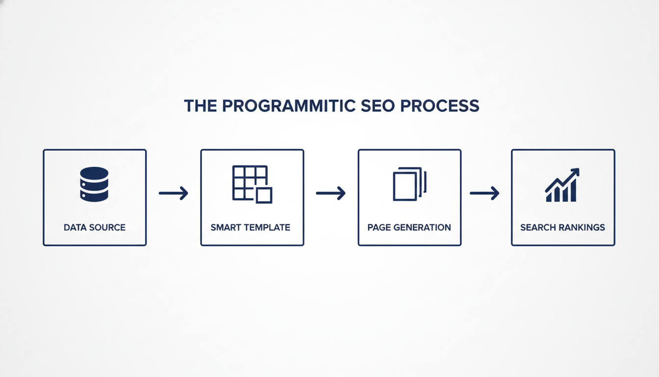 Four-step programmatic SEO process flow: data source, smart template, page generation, search rankings