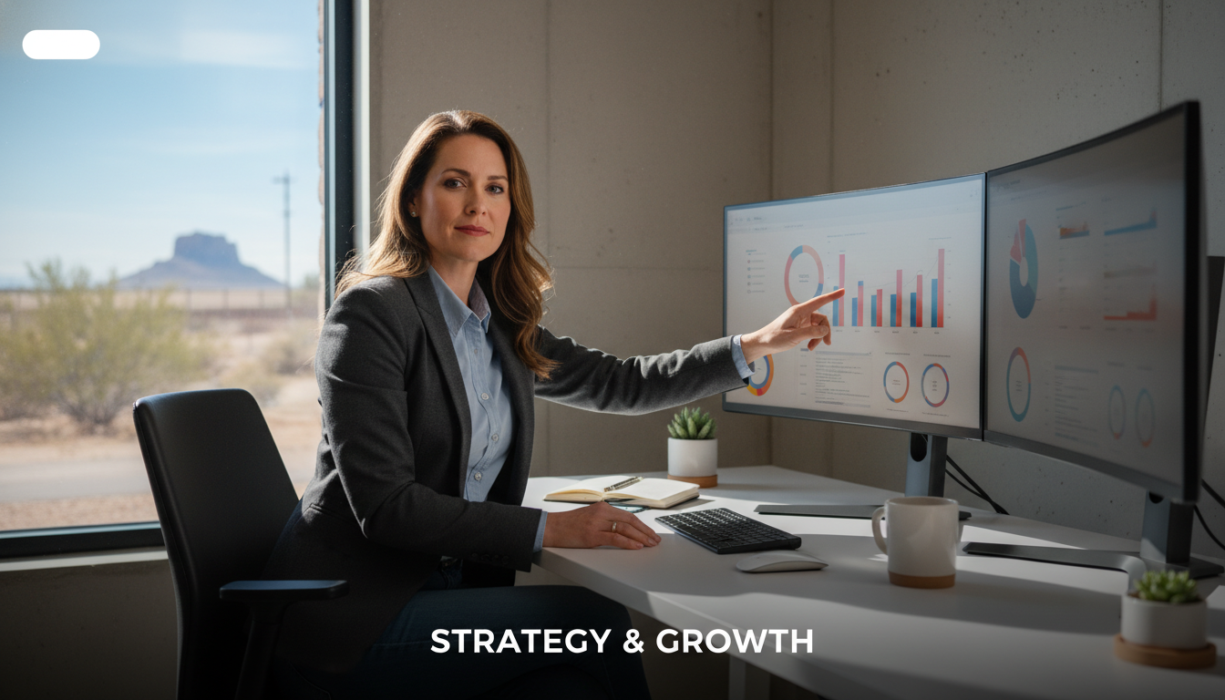Marketing strategist analyzing AI campaign data on monitors in modern office. AI marketing agency El Paso TX.