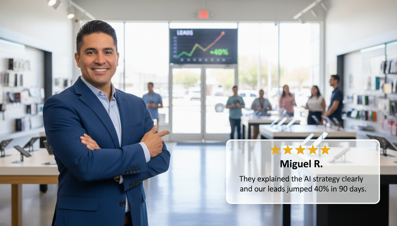 Client testimonial: satisfied El Paso business owner with 5-star review praising AI marketing results.