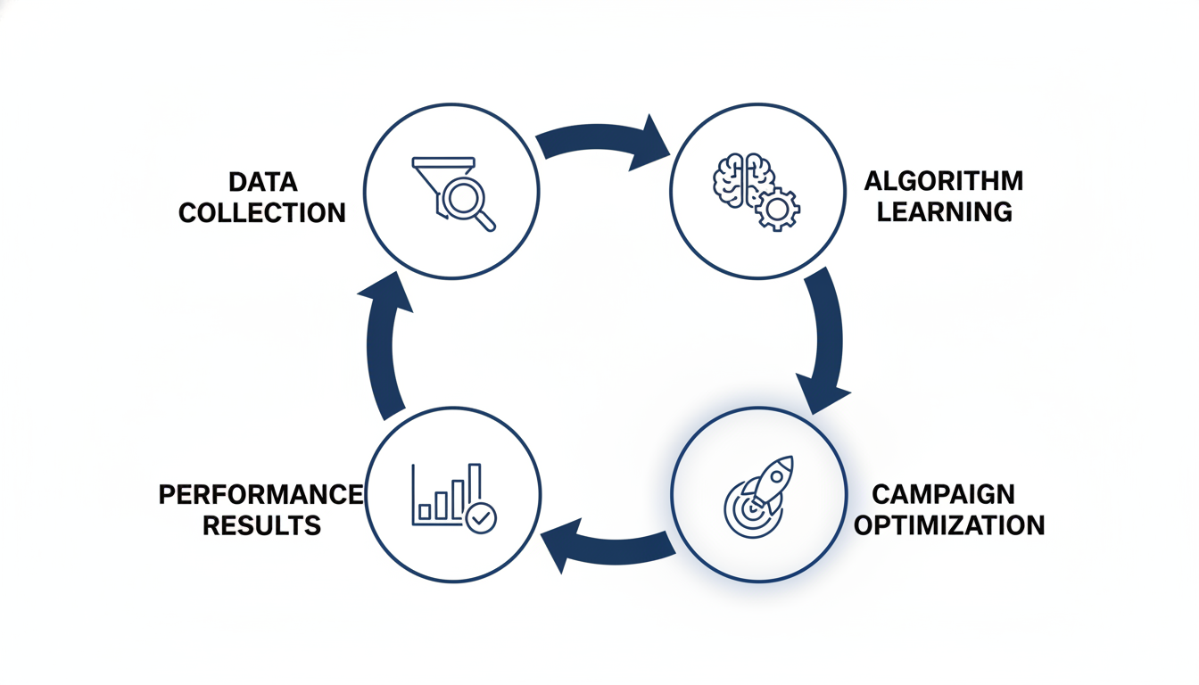 AI marketing feedback loop diagram showing data collection, learning, optimization, and results cycle.
