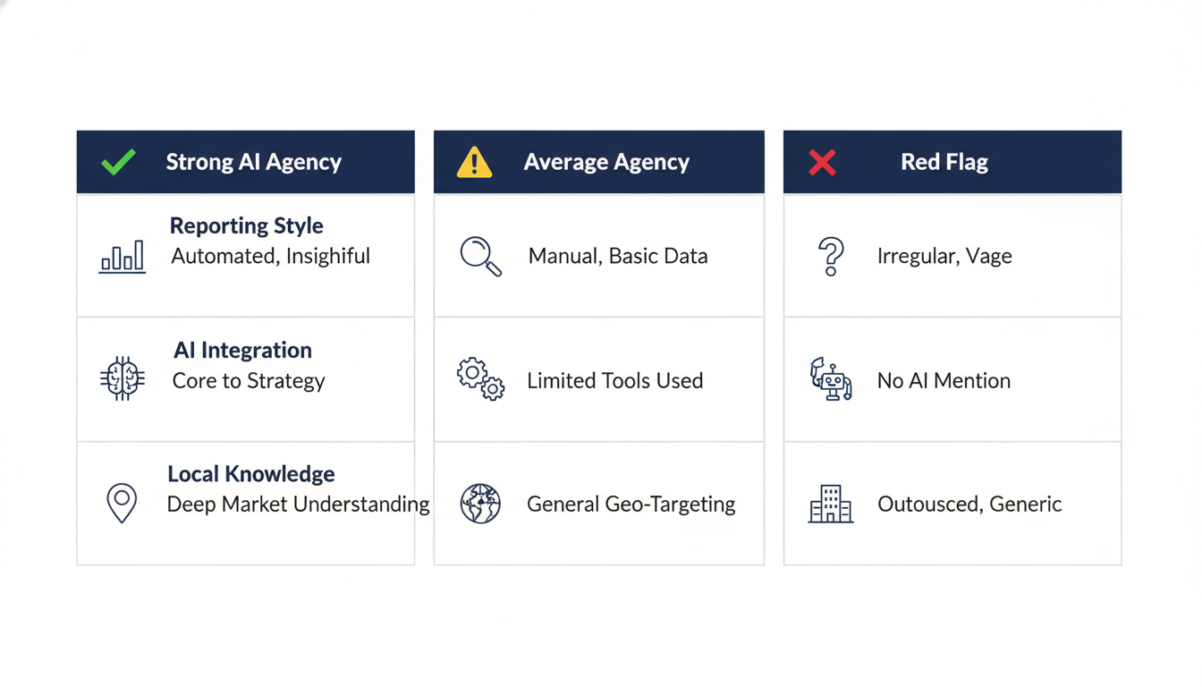 Agency comparison chart: Strong vs Average vs Red Flag agencies across reporting, AI integration, local knowledge.