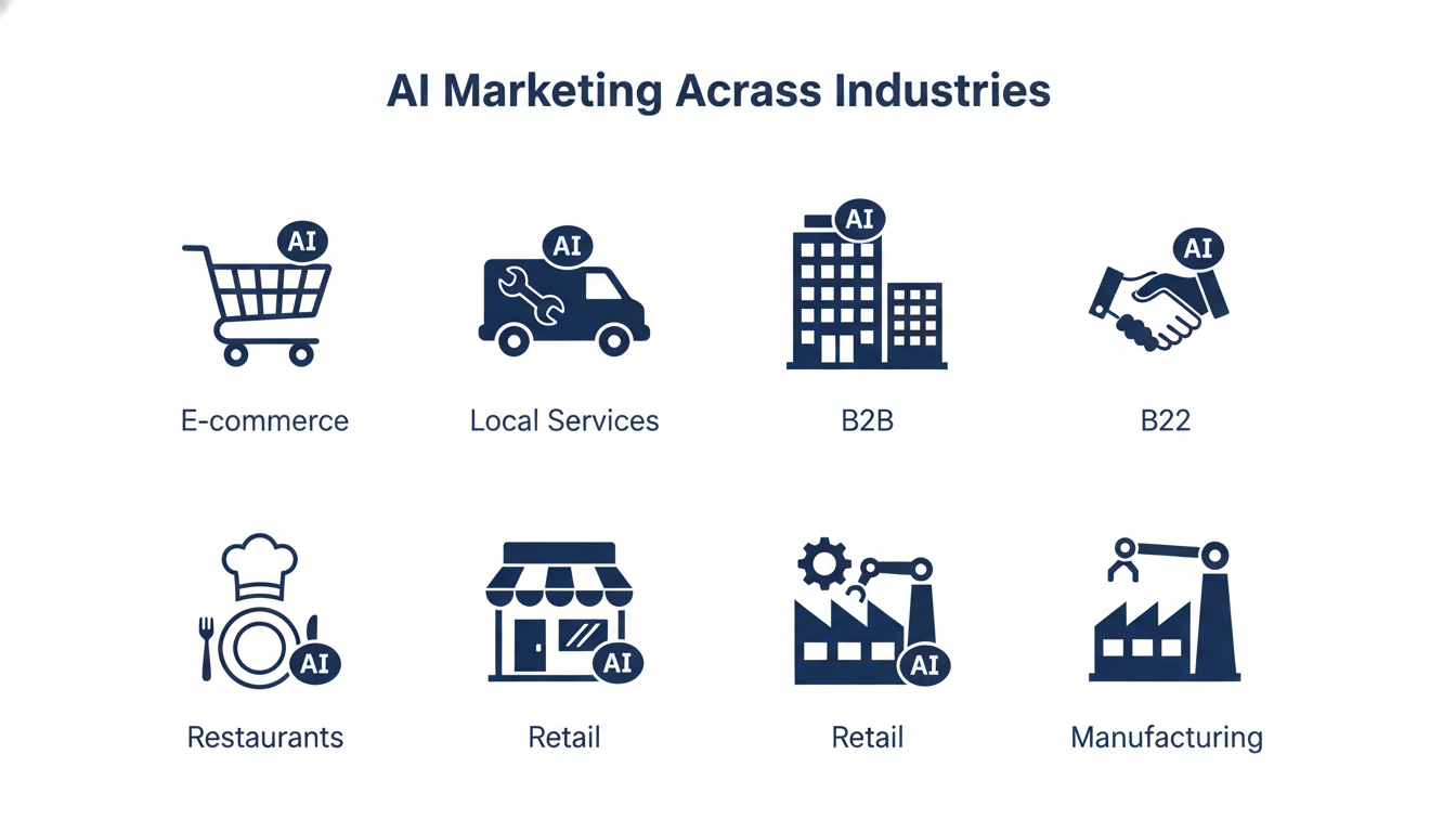 Industry icons infographic: e-commerce, services, B2B, restaurant, retail using AI marketing tools.