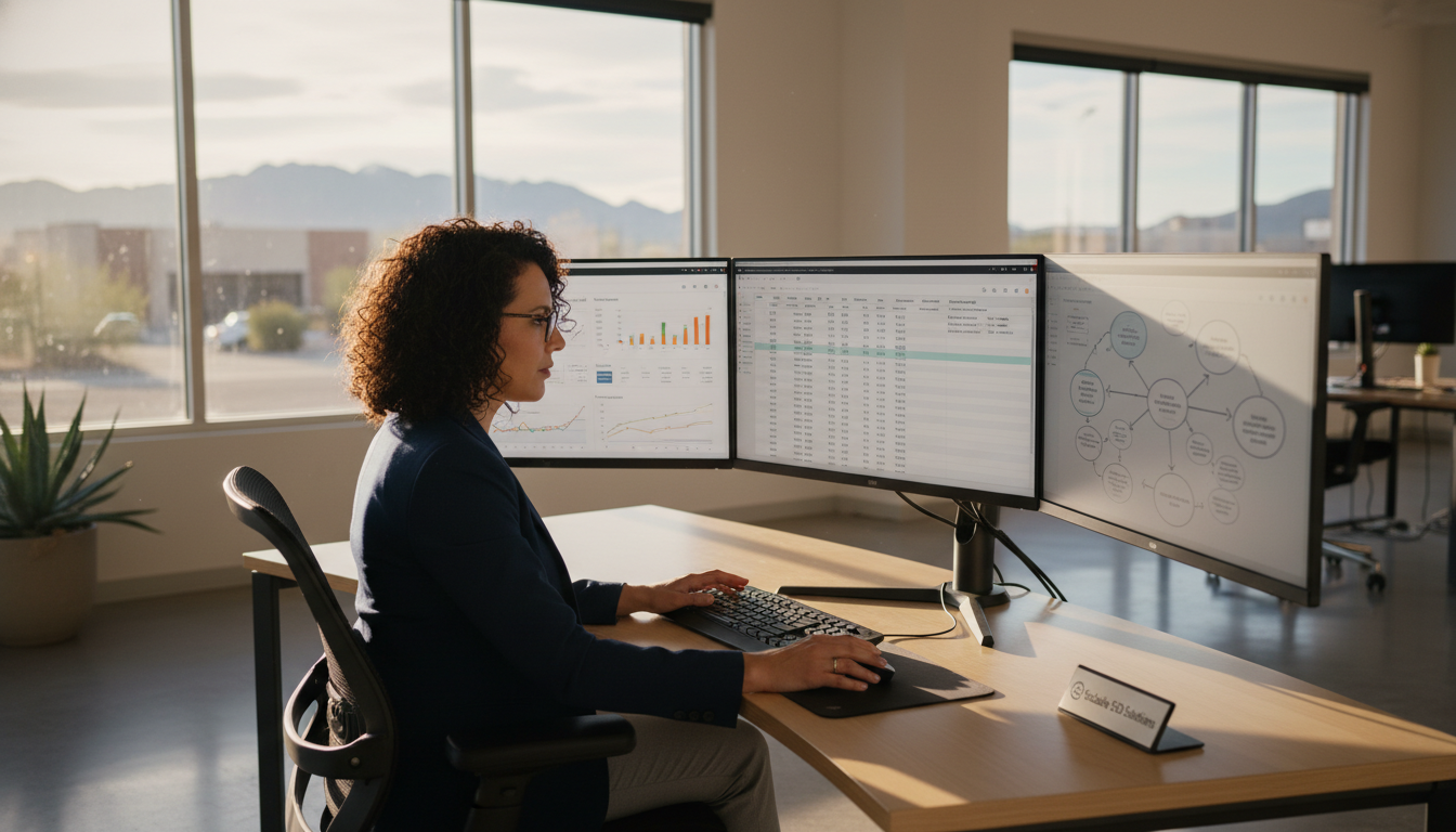 Professional SEO consultant analyzing data dashboards in modern El Paso office workspace with multiple monitors