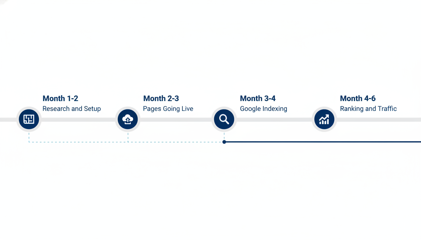 Timeline infographic showing 6-month programmatic SEO campaign progression with key milestones