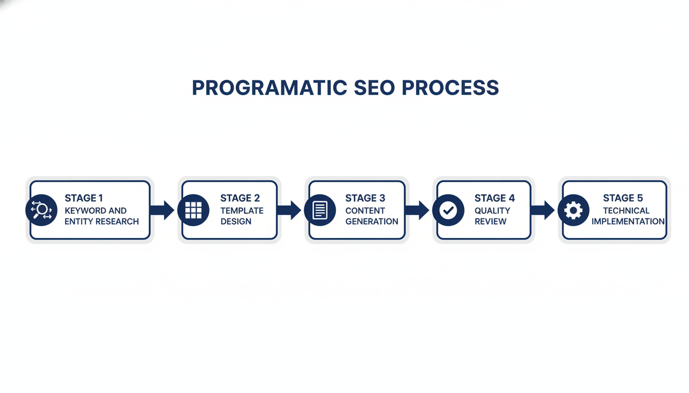Programmatic SEO process flow diagram showing 5 stages from research to implementation