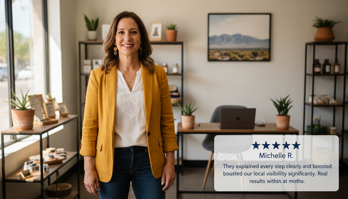 Customer testimonial from Michelle R. with five-star rating praising El Paso AI marketing results and visibility boost