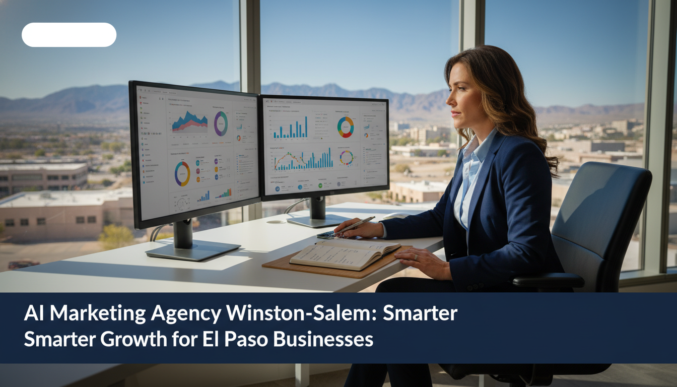 Marketing consultant reviewing AI analytics on dual monitors in modern El Paso office with desert mountain views
