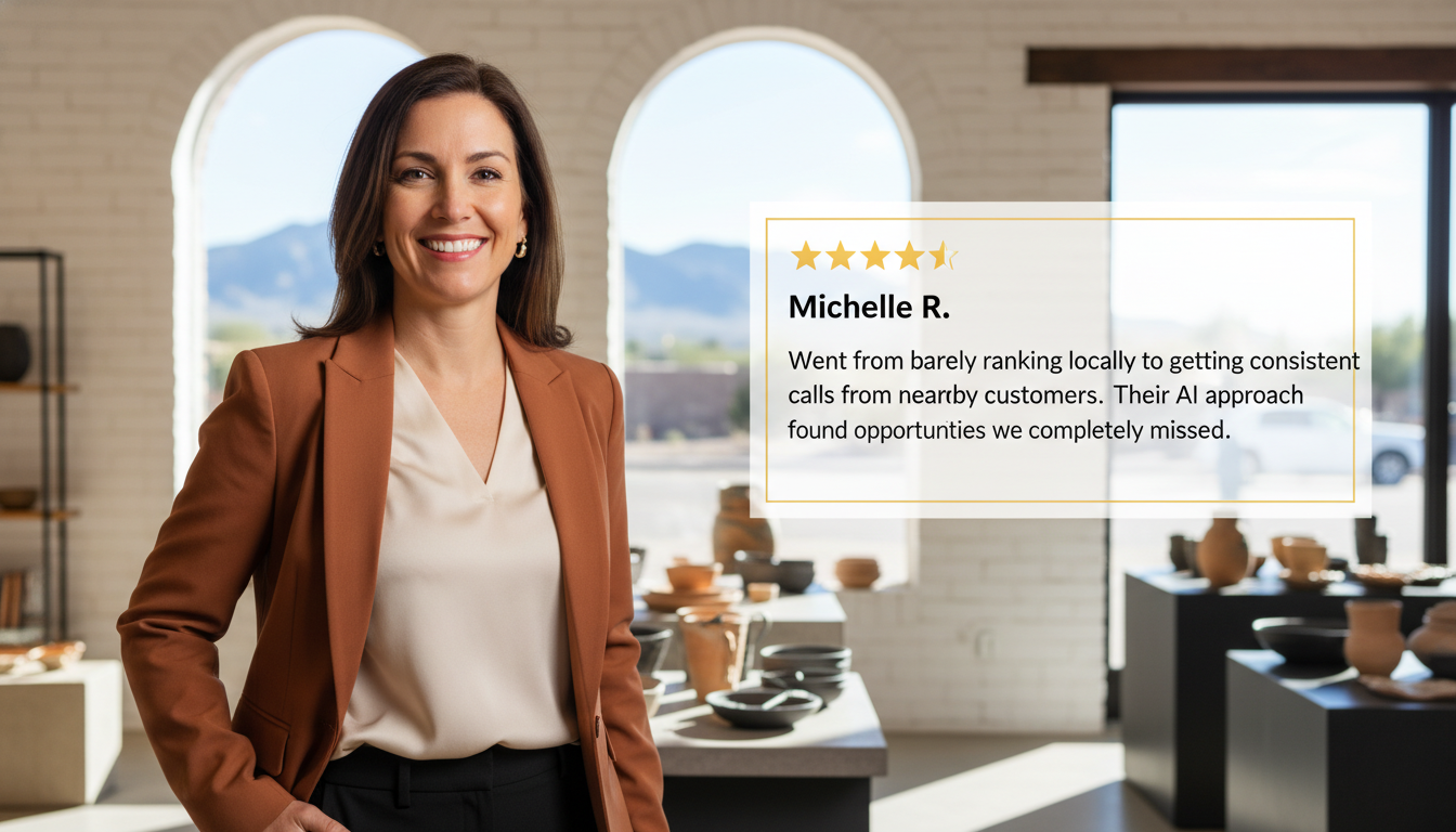 Satisfied El Paso business owner in professional setting with 5-star review about local search visibility and customer calls