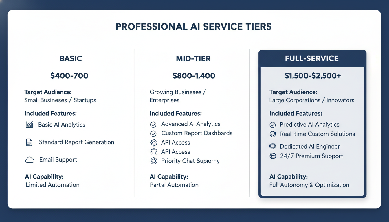 Service tier comparison chart: Basic, Mid-Tier, and Full-Service AI packages with pricing and features