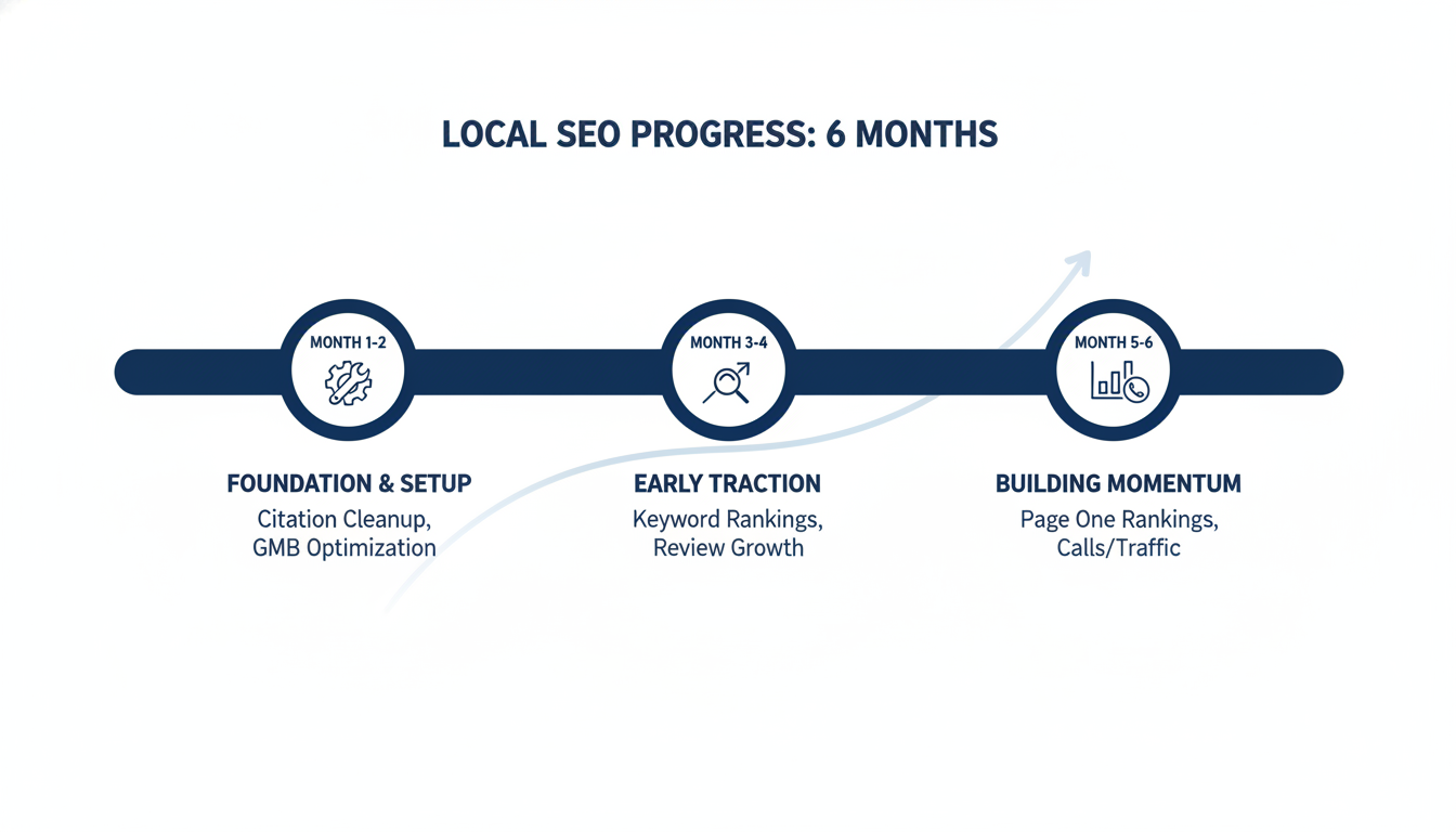 Six-month local SEO timeline infographic showing Foundation, Early Traction, and Momentum stages