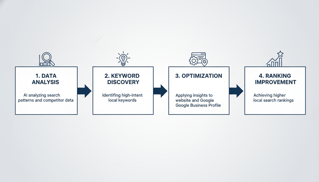 AI-assisted local SEO process flow: data analysis, keyword discovery, optimization, ranking improvement infographic
