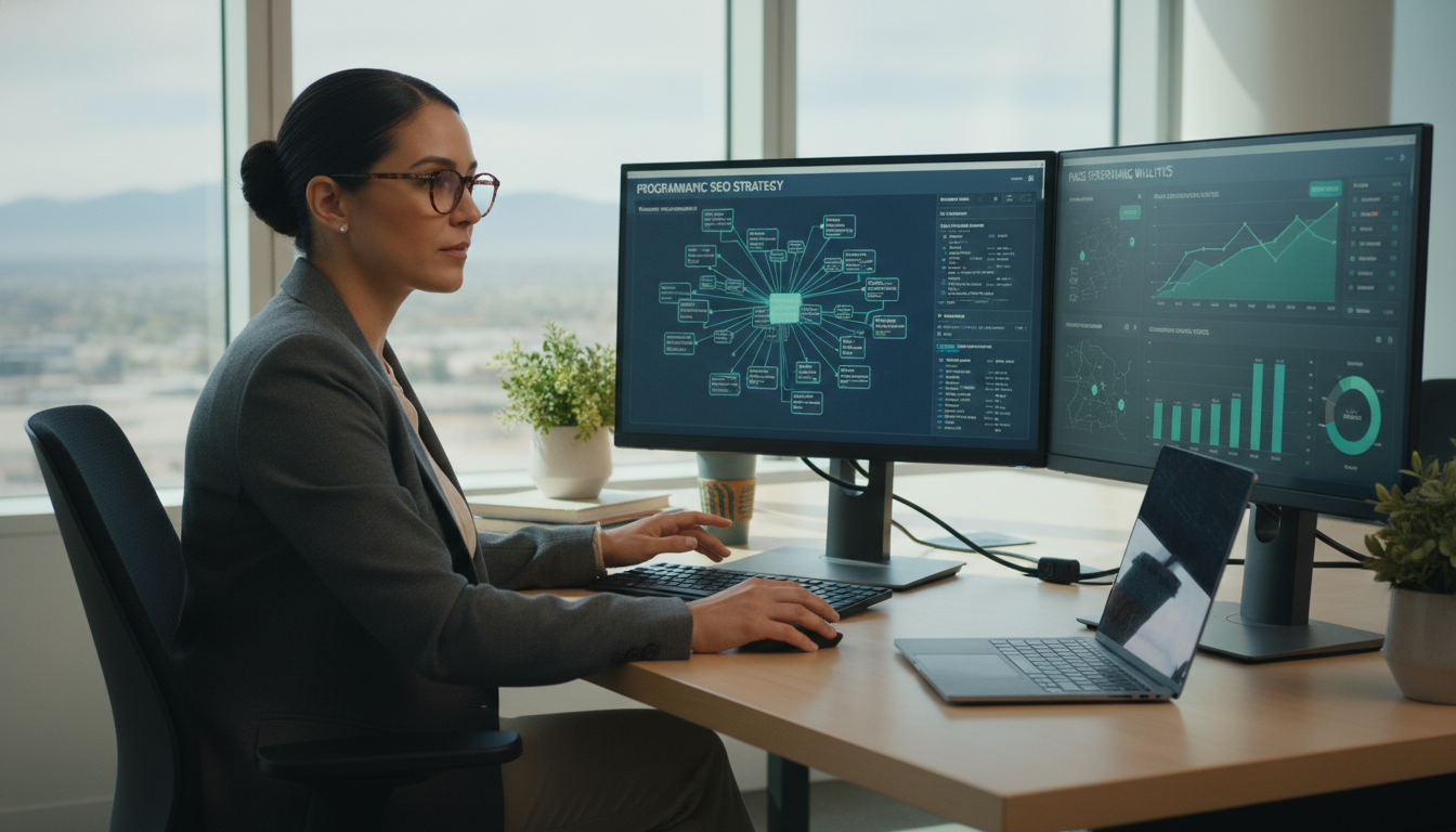 SEO strategist analyzing programmatic campaign data at modern office desk in El Paso
