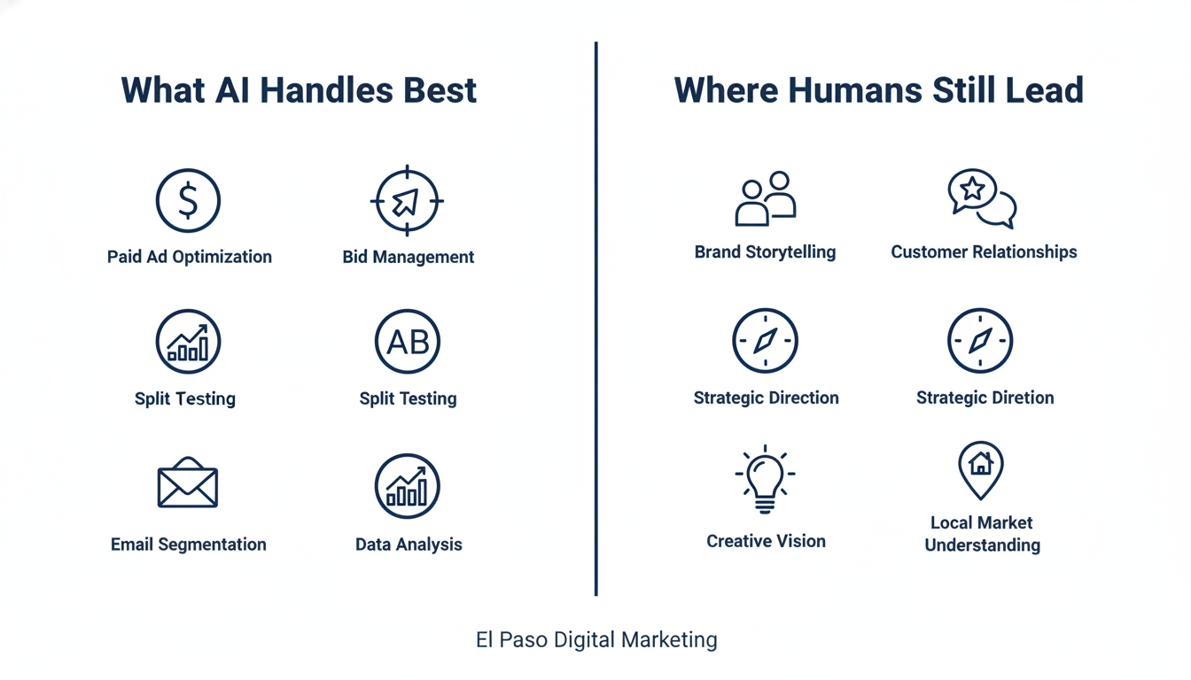 Infographic showing AI strengths in paid ads and human strengths in brand storytelling for El Paso marketing