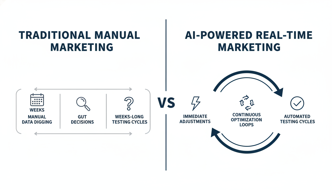 Comparison diagram: traditional manual marketing vs. AI-powered real-time digital marketing optimization