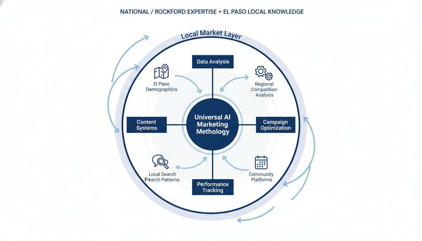 Process flow diagram: universal AI marketing methodology layered with El Paso local market insights