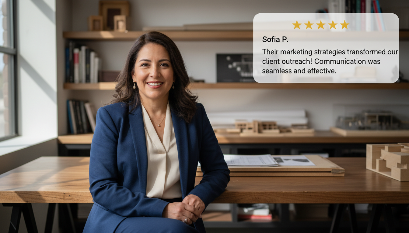 Satisfied El Paso business owner in office setting with 5-star review testimonial about AI marketing agency results and communication