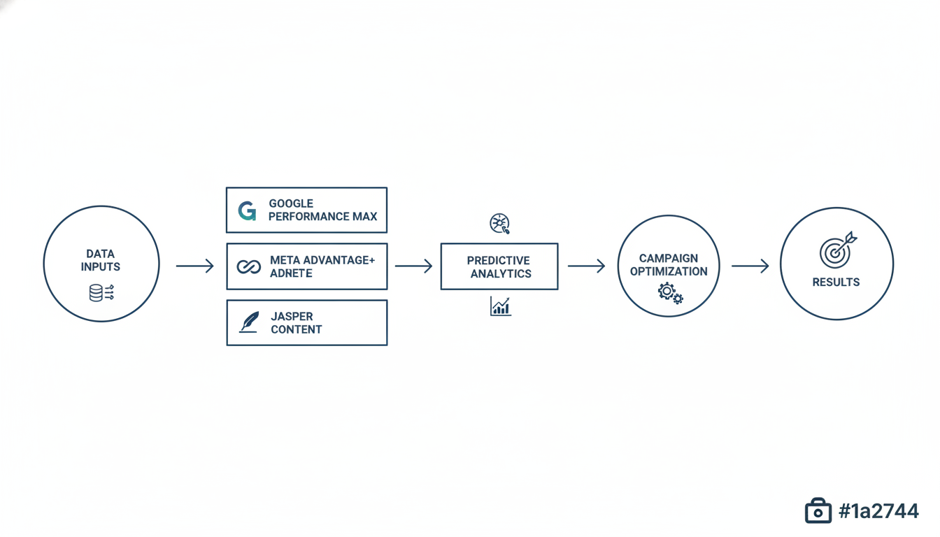 AI marketing tools workflow diagram showing Google Ads, Meta, HubSpot, Jasper, predictive analytics integration for Huntsville agencies