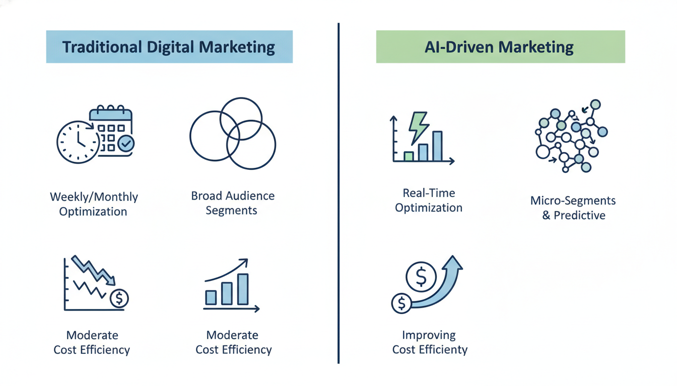Comparison chart: AI-driven vs traditional marketing optimization speed, cost efficiency, audience targeting for El Paso marketing