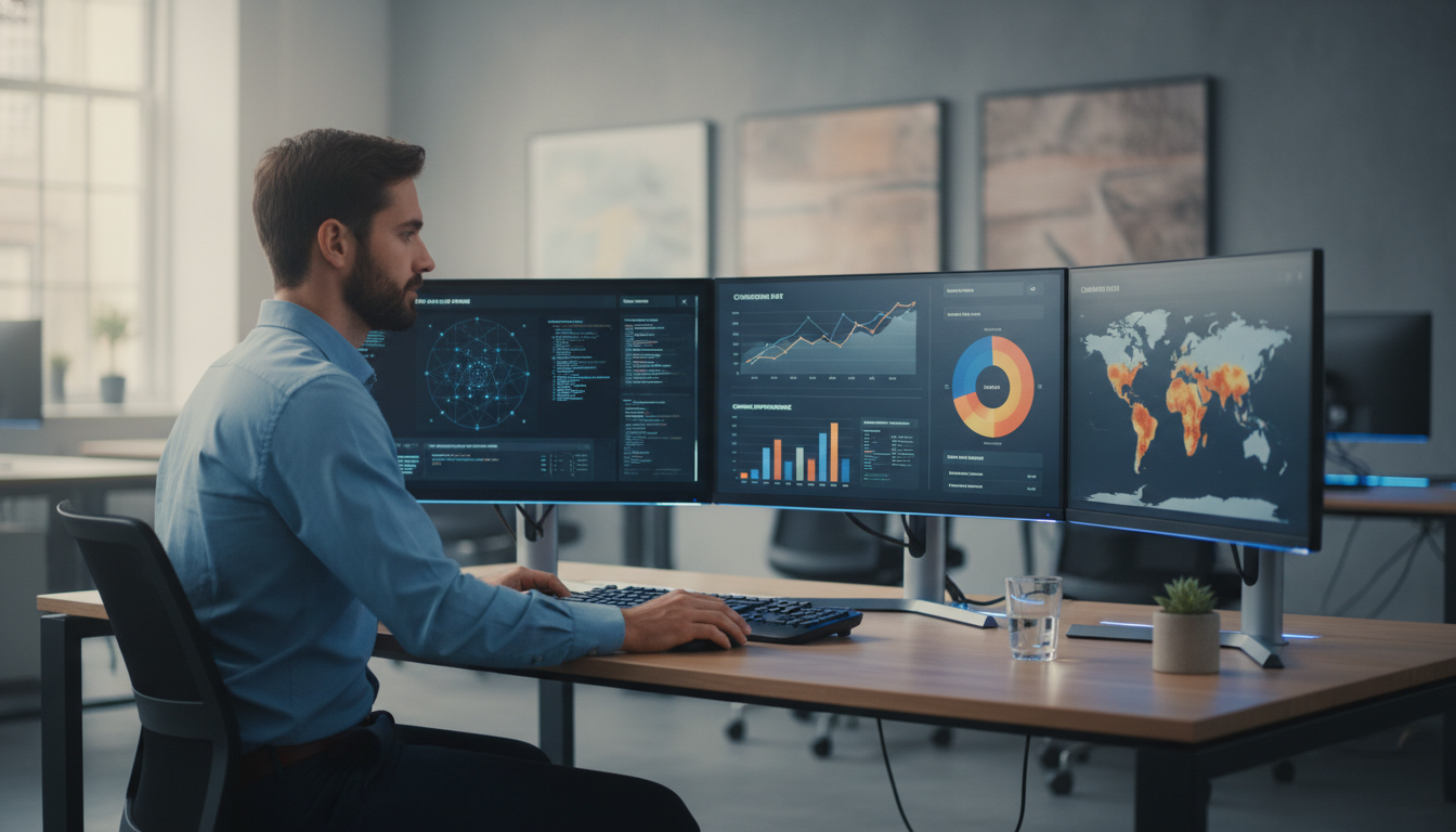 Marketing strategist analyzing AI campaign data on multiple monitors at modern office desk, Huntsville marketing agency service, El Paso TX