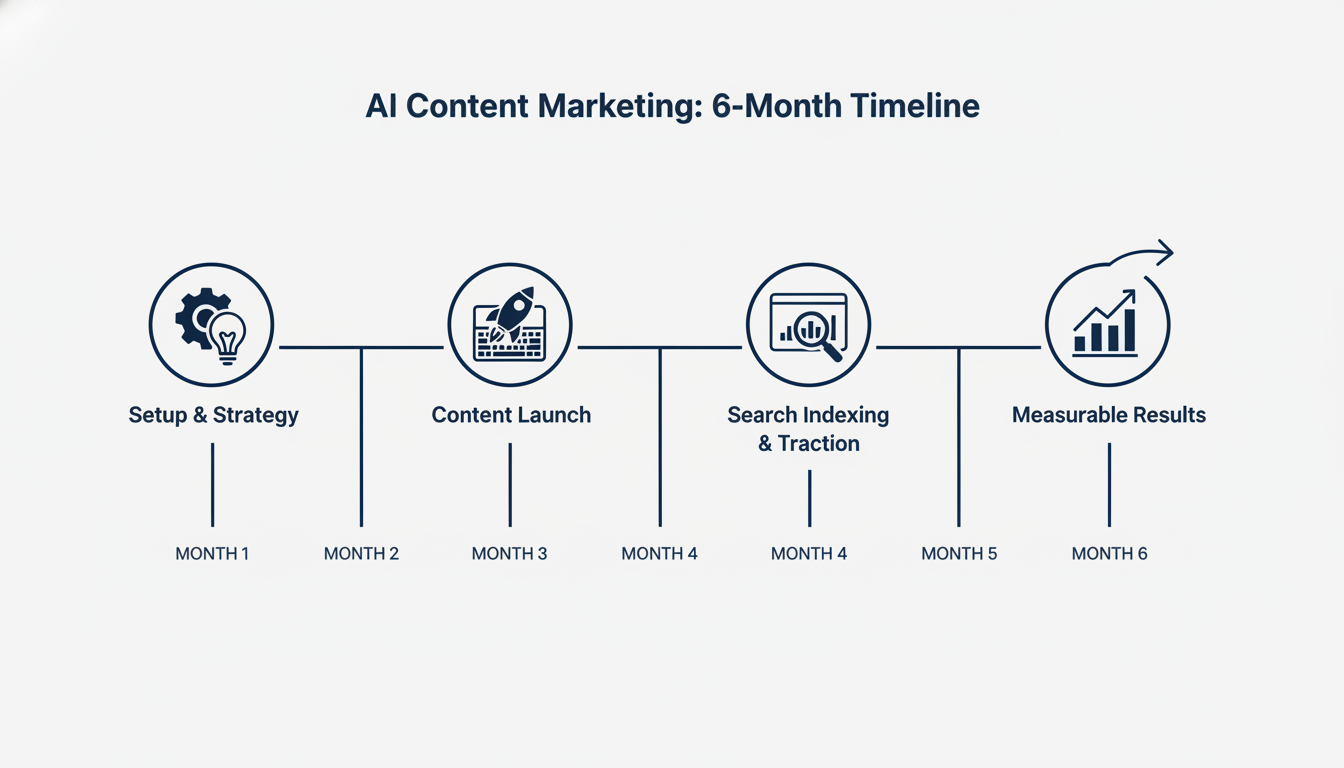 Six-month content marketing timeline showing setup, launch, indexing, and measurable results milestones