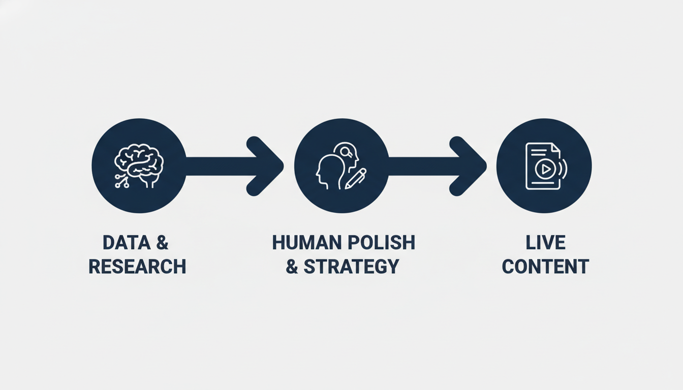 Three-step AI content marketing workflow showing data research, human editing, and live content publication