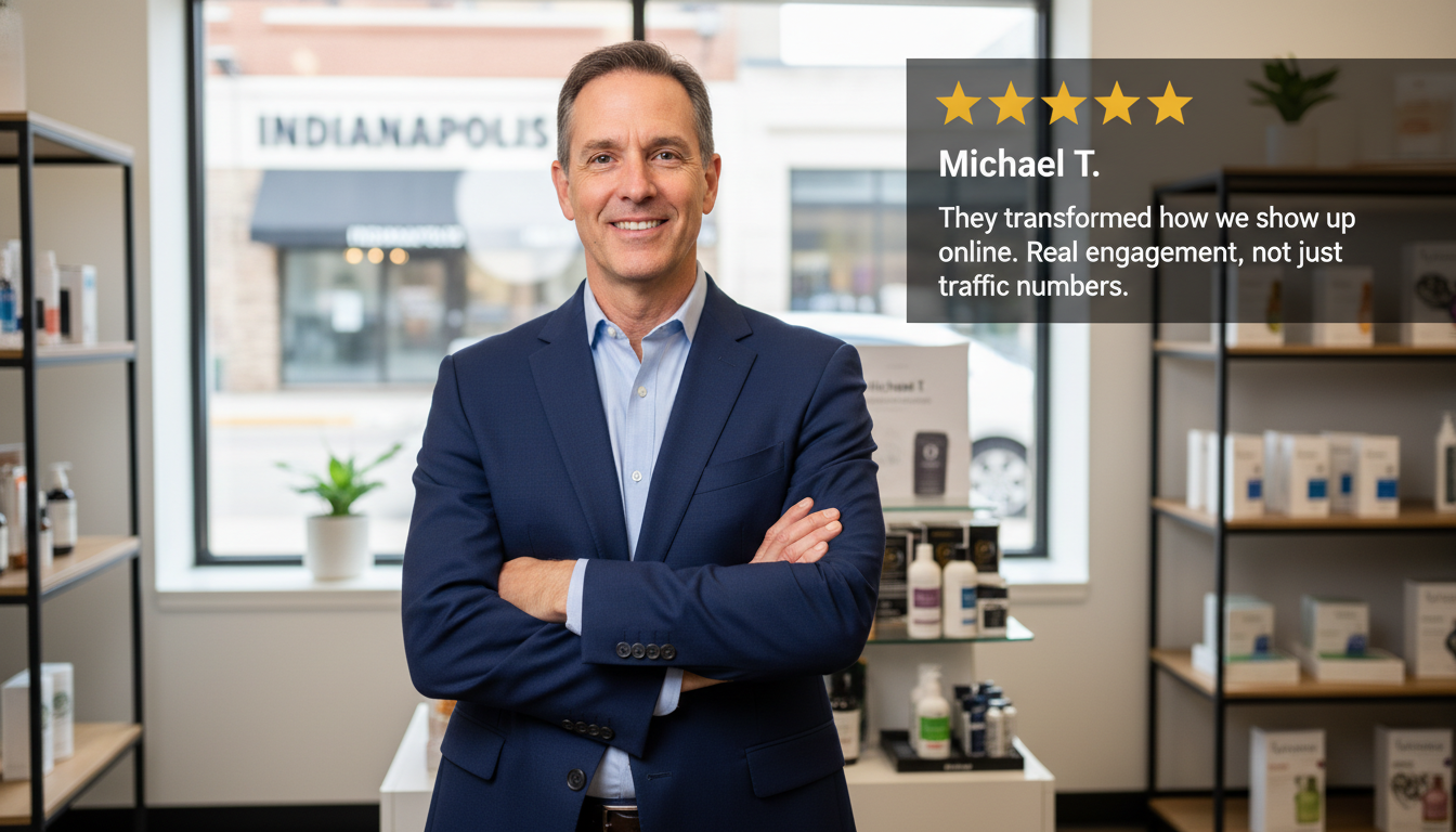 Satisfied Indianapolis business owner smiling in office with five-star review overlay praising content marketing results