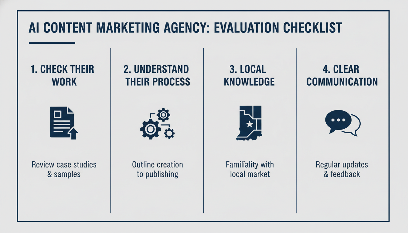 Four-point agency evaluation checklist covering portfolio quality, process transparency, local knowledge, and communication