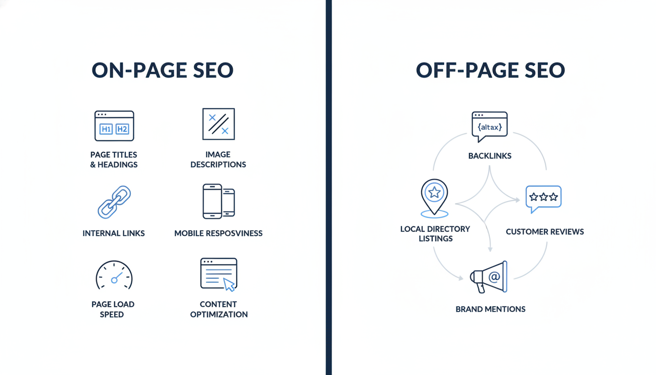 On-page vs off-page SEO comparison diagram for El Paso search optimization