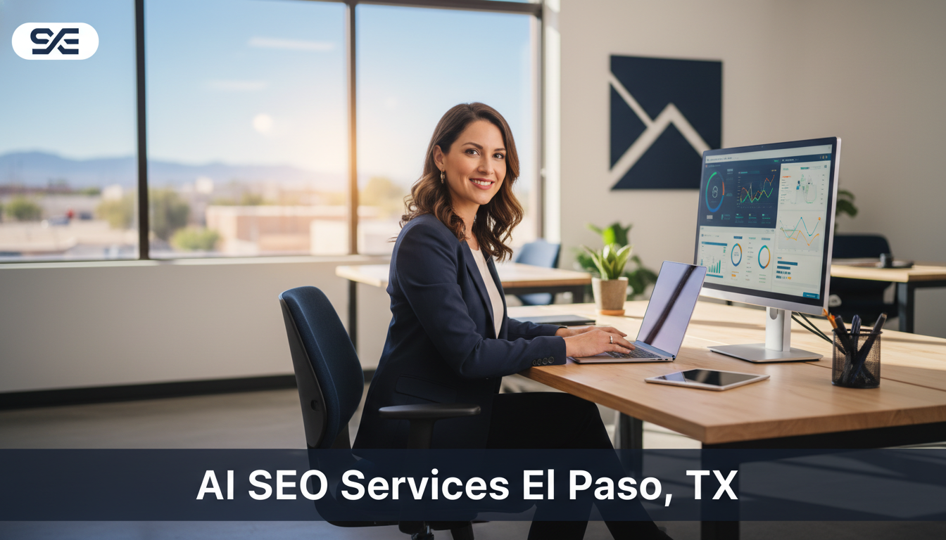 Professional SEO strategist working at modern office desk with analytics dashboards, El Paso SEO services