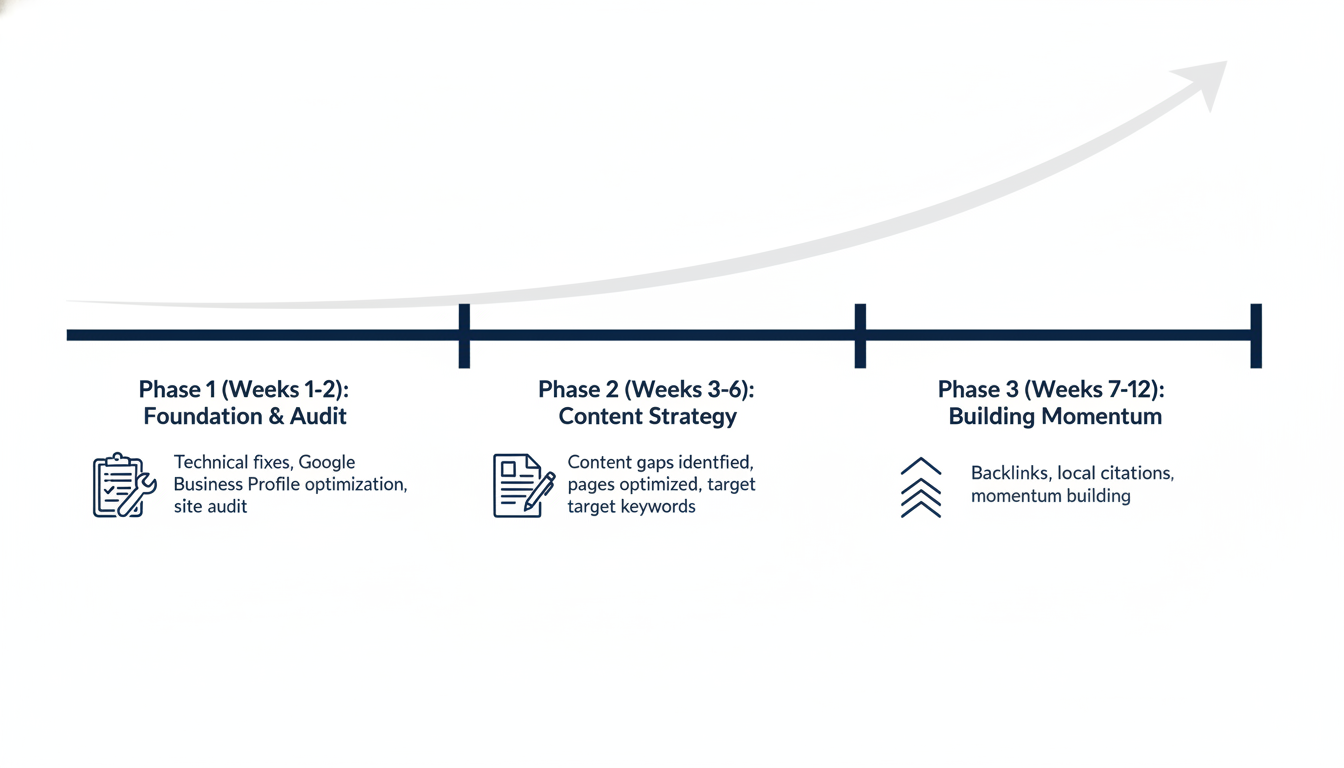 SEO 90-day timeline showing foundation, content, and momentum phases for El Paso