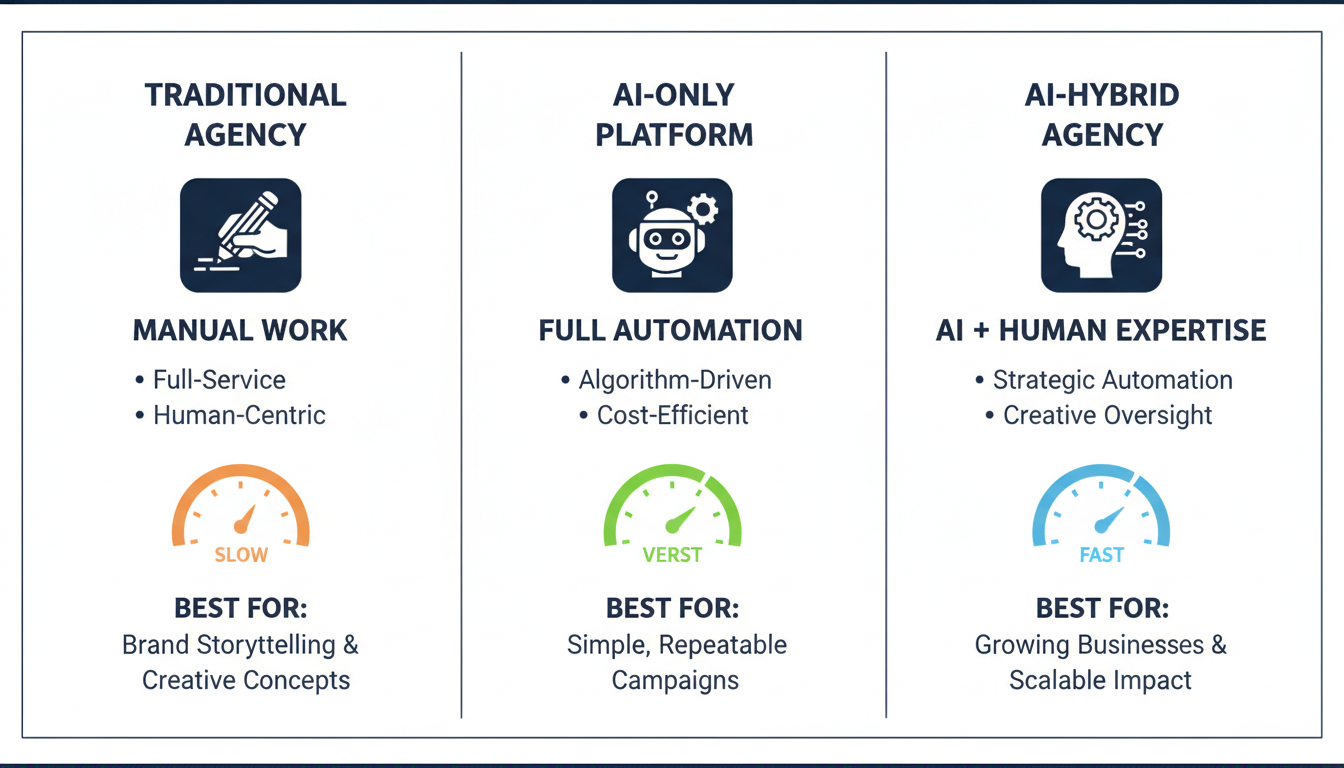 Comparison framework of three agency types: traditional, AI-only, and hybrid approaches for digital marketing