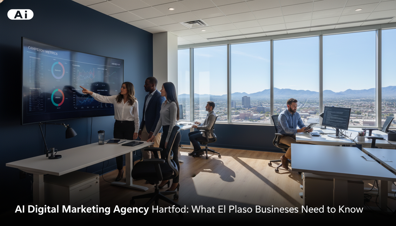 Modern AI marketing agency office with diverse team working at desks with analytics dashboards, El Paso skyline in background