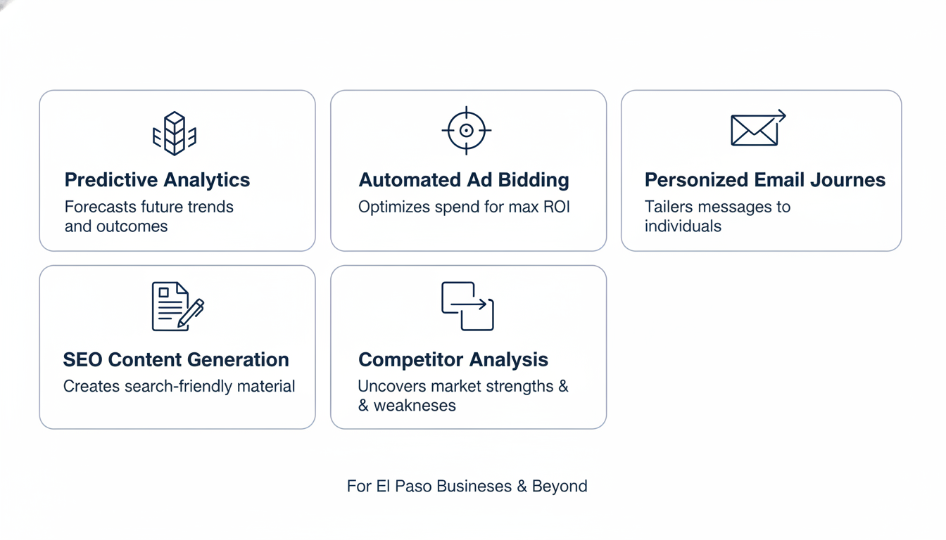 Service checklist showing core AI marketing agency capabilities: analytics, bidding, email, content, competitor analysis
