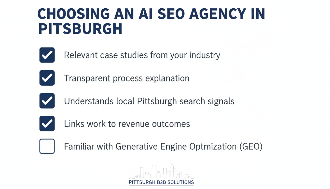 SEO agency evaluation checklist: case studies, transparency, local expertise, revenue focus: Pittsburgh