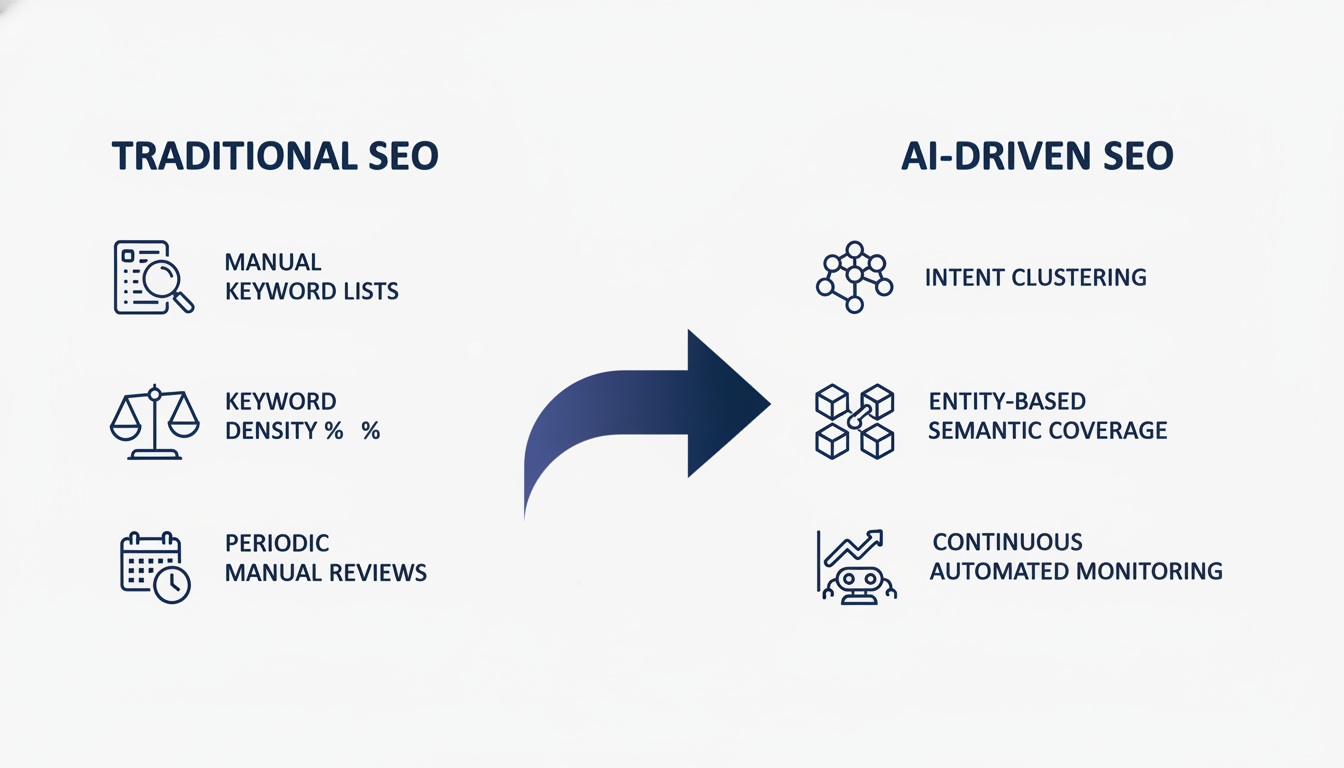 Traditional vs AI-driven SEO comparison chart showing evolution of methods: SEO Services Pittsburgh